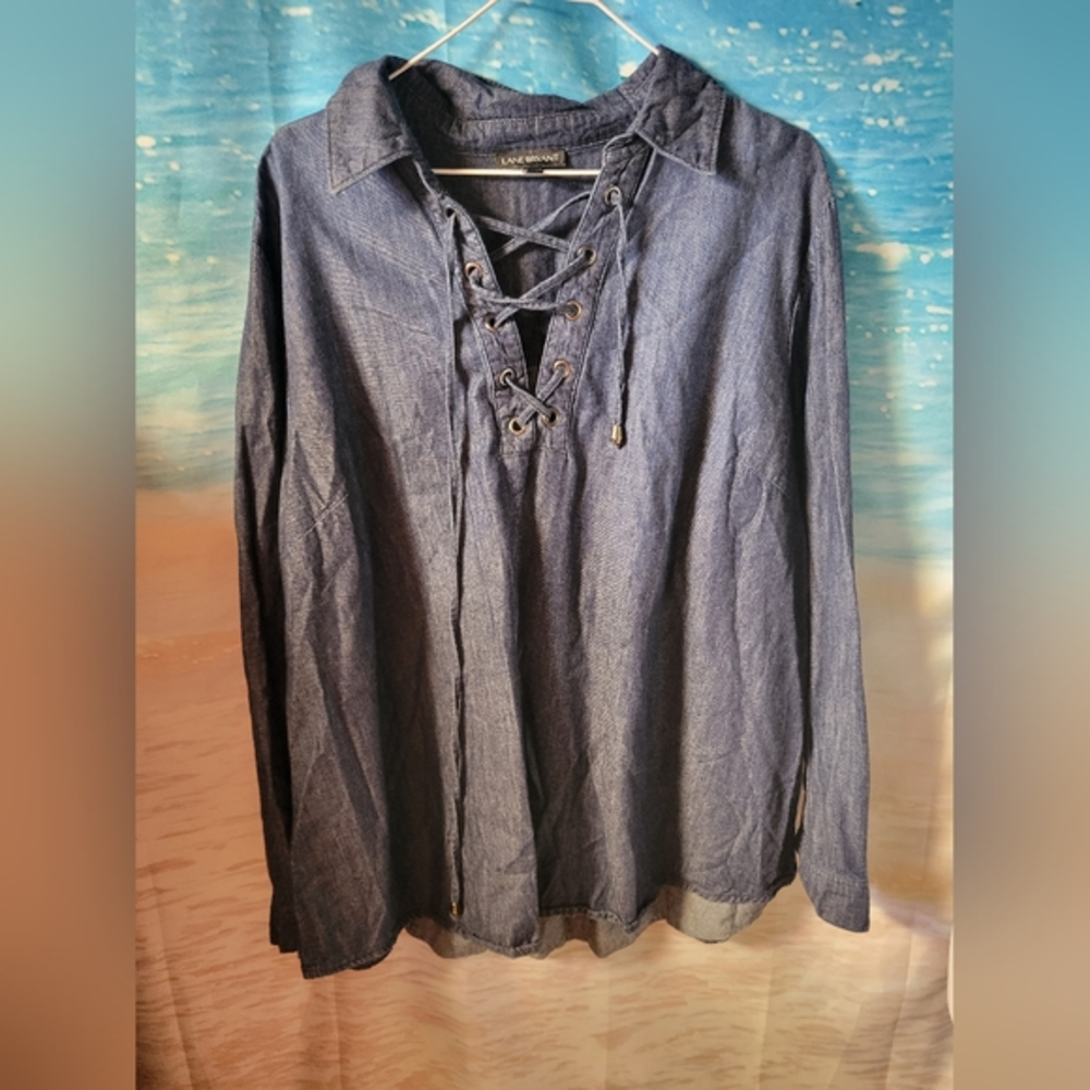Lane Bryant Blue Denim look Lace up Front Blouse Size 18/20